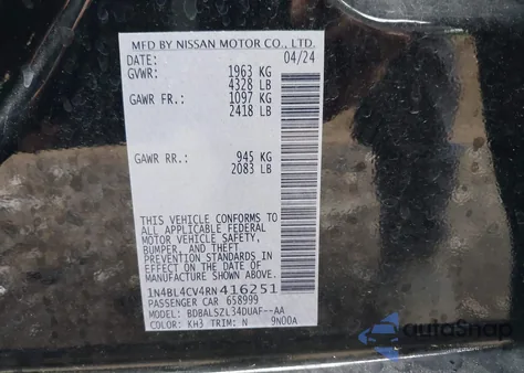 2024 Nissan Altima Sr Fwd from USA, damaged, VIN 1N4BL4CV4RN416251